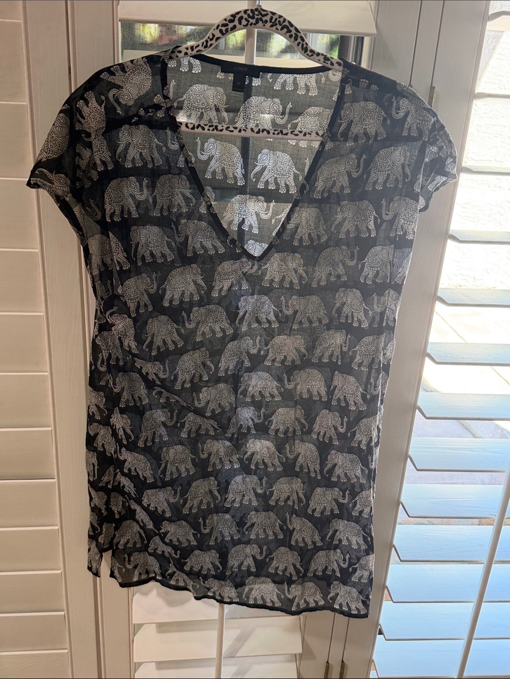J. Crew Black Sheer Elephant-Print V-Neck Blouse